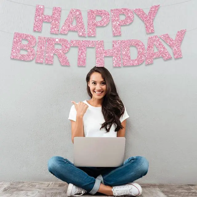 Alt view image 4 of 6 - Pre-Strung Glitter Pink Happy Birthday Banner Party Sign Decor | NO DIY,Happy Happy Birthday Banner Decorations,Happy Birthday Sign,Backdrop for Women/Kids birthday Party supplies