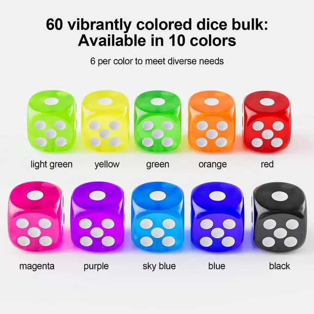 Alt view image 2 of 7 - 60 Pieces Dice Set, 16mm Standard Bulk 6 Sided Colored Dices for Board Games, Math Learning, Classroom, 10 Color, 6 Pieces of Each Color