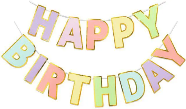 Main image of Pre-Strung Happy Birthday Banner - Pastel Macaron Party Decorations | adjustable cord, sparkling gold foil border, premium sturdy cardstock, no DIY needed for easy hanging, photo booth backdrop