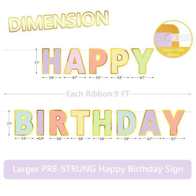 Alt view image 2 of 7 - Pre-Strung Happy Birthday Banner - Pastel Macaron Party Decorations | adjustable cord, sparkling gold foil border, premium sturdy cardstock, no DIY needed for easy hanging, photo booth backdrop