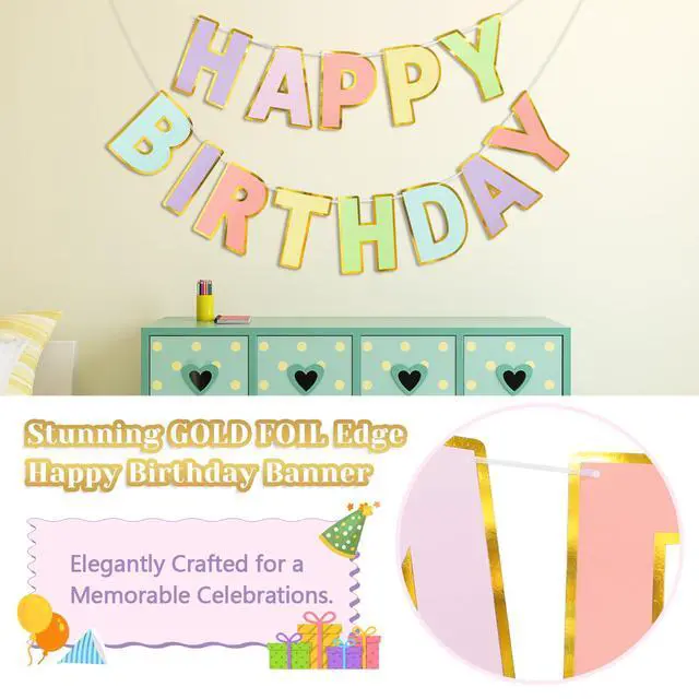 Alt view image 3 of 7 - Pre-Strung Happy Birthday Banner - Pastel Macaron Party Decorations | adjustable cord, sparkling gold foil border, premium sturdy cardstock, no DIY needed for easy hanging, photo booth backdrop