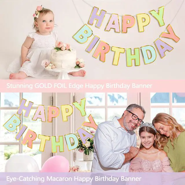 Alt view image 4 of 7 - Pre-Strung Happy Birthday Banner - Pastel Macaron Party Decorations | adjustable cord, sparkling gold foil border, premium sturdy cardstock, no DIY needed for easy hanging, photo booth backdrop
