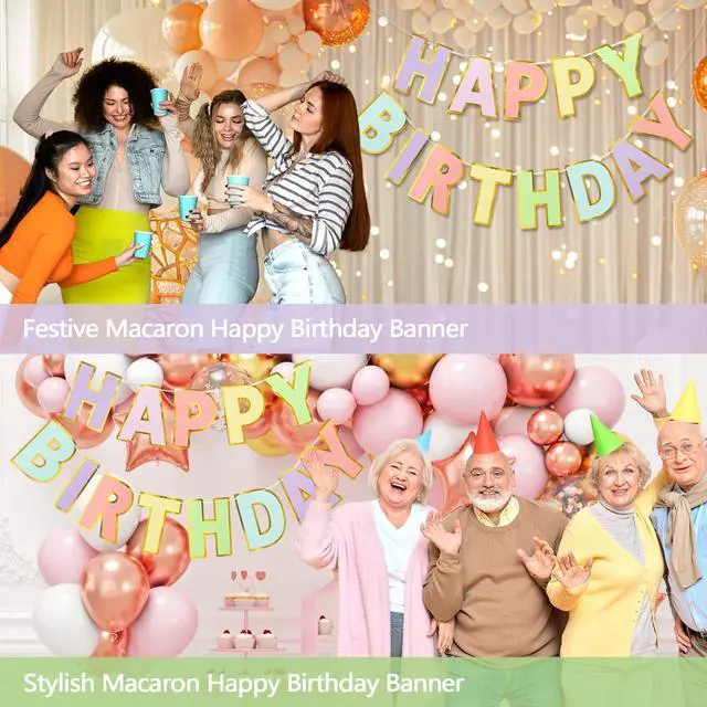 Alt view image 5 of 7 - Pre-Strung Happy Birthday Banner - Pastel Macaron Party Decorations | adjustable cord, sparkling gold foil border, premium sturdy cardstock, no DIY needed for easy hanging, photo booth backdrop