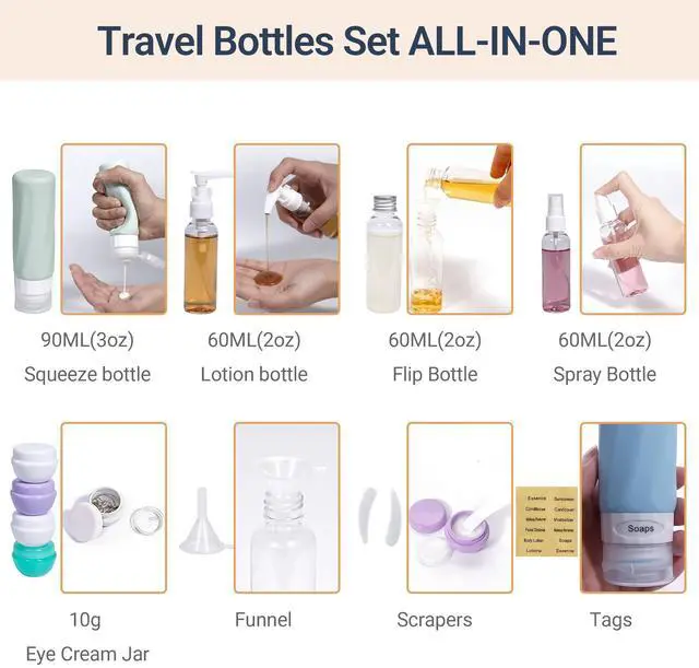 Alt view image 2 of 7 - 16 Pack Travel Bottles for Toiletries, TSA Approved 3oz Containers | Silicone Travel Size Containers for Shampoo and Conditioner, BPA Free with Toiletry Bag