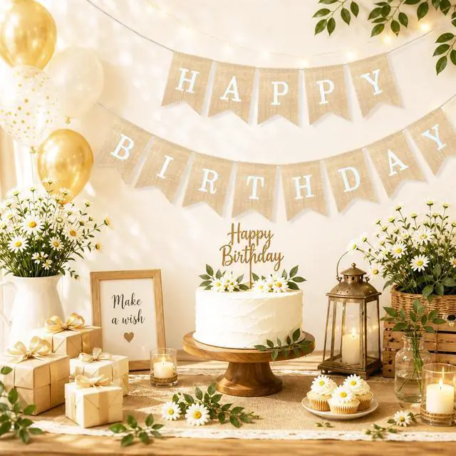 Alt view image 4 of 6 - Happy Birthday Burlap Banner Neutral Birthday Party Decorations | Birthday Party Decorations, Burlap Birthday Sign for Men Women Boys Girls, Reusable