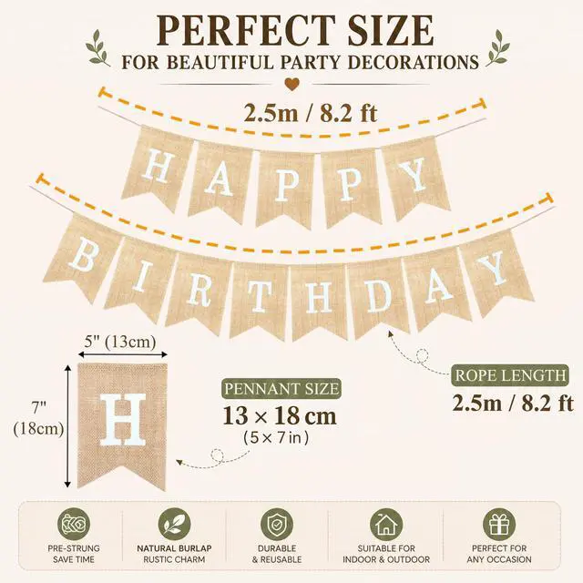 Alt view image 2 of 6 - Happy Birthday Burlap Banner Neutral Birthday Party Decorations | Birthday Party Decorations, Burlap Birthday Sign for Men Women Boys Girls, Reusable