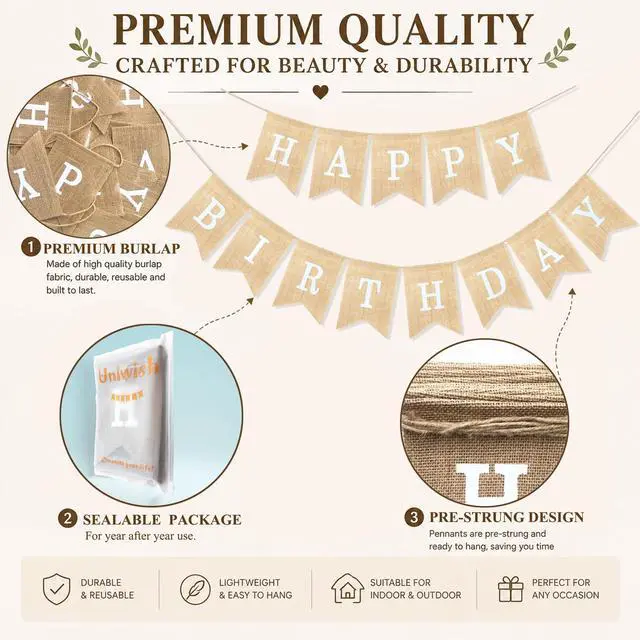 Alt view image 3 of 6 - Happy Birthday Burlap Banner Neutral Birthday Party Decorations | Birthday Party Decorations, Burlap Birthday Sign for Men Women Boys Girls, Reusable