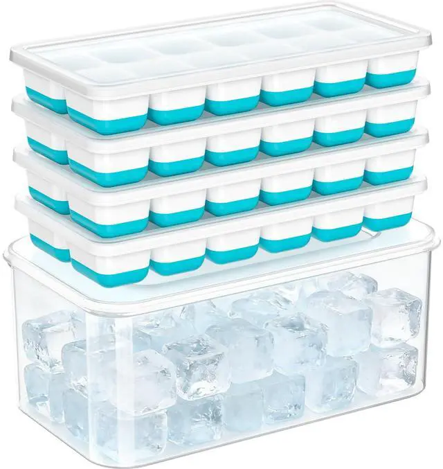 Main image of Ice Cube Tray with Lid & Bin - 4 Pack 48 Cubes Stackable Silicone Trays for Freezer with Storage Container, Leak-Proof Lids, BPA-Free, Easy Release for Kitchen, RV, Party, Cocktail & Coffee