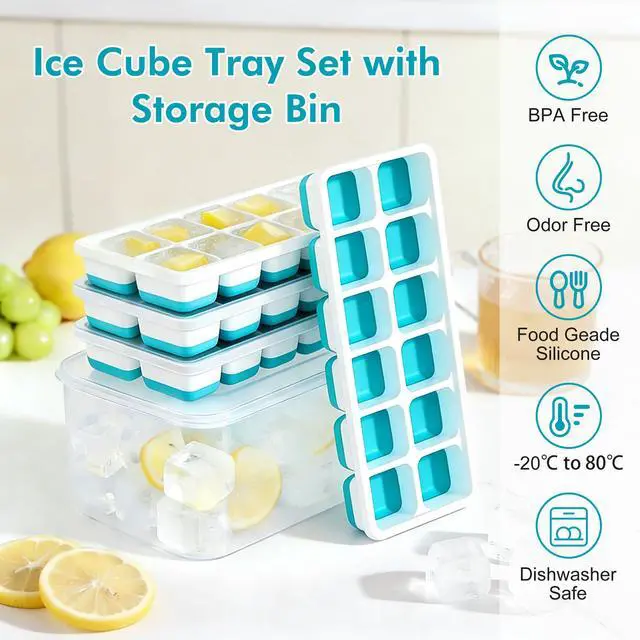 Alt view image 2 of 7 - Ice Cube Tray with Lid & Bin - 4 Pack 48 Cubes Stackable Silicone Trays for Freezer with Storage Container, Leak-Proof Lids, BPA-Free, Easy Release for Kitchen, RV, Party, Cocktail & Coffee