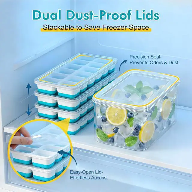 Alt view image 4 of 7 - Ice Cube Tray with Lid & Bin - 4 Pack 48 Cubes Stackable Silicone Trays for Freezer with Storage Container, Leak-Proof Lids, BPA-Free, Easy Release for Kitchen, RV, Party, Cocktail & Coffee