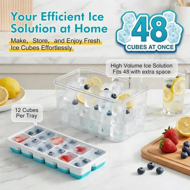 Alt view image 3 of 7 - Ice Cube Tray with Lid & Bin - 4 Pack 48 Cubes Stackable Silicone Trays for Freezer with Storage Container, Leak-Proof Lids, BPA-Free, Easy Release for Kitchen, RV, Party, Cocktail & Coffee