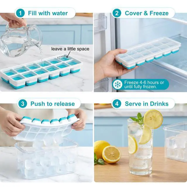 Alt view image 7 of 7 - Ice Cube Tray with Lid & Bin - 4 Pack 48 Cubes Stackable Silicone Trays for Freezer with Storage Container, Leak-Proof Lids, BPA-Free, Easy Release for Kitchen, RV, Party, Cocktail & Coffee