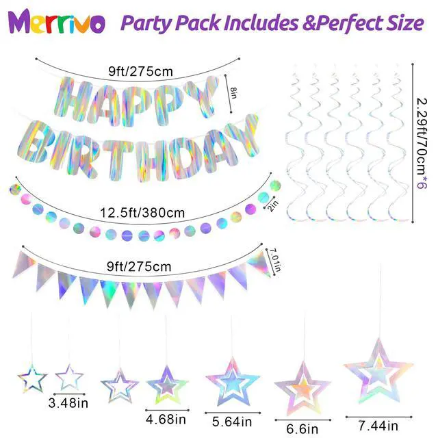 Alt view image 4 of 7 - Iridescent Birthday Decorations with Pre-Strung Happy Birthday Banner | Holographic Cute Party Decor Set with Streamers, Flags & Garland for Kids, Girls, Boys, Women, Men Birthday Celebrations