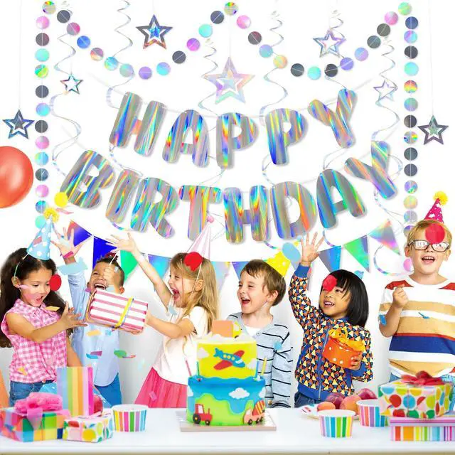 Alt view image 2 of 7 - Iridescent Birthday Decorations with Pre-Strung Happy Birthday Banner | Holographic Cute Party Decor Set with Streamers, Flags & Garland for Kids, Girls, Boys, Women, Men Birthday Celebrations