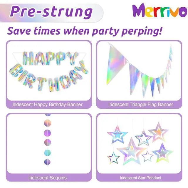 Alt view image 5 of 7 - Iridescent Birthday Decorations with Pre-Strung Happy Birthday Banner | Holographic Cute Party Decor Set with Streamers, Flags & Garland for Kids, Girls, Boys, Women, Men Birthday Celebrations
