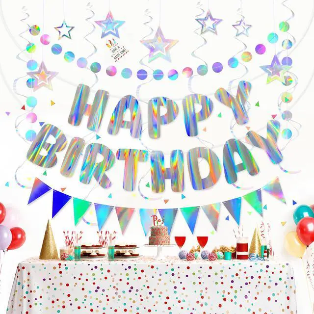 Alt view image 6 of 7 - Iridescent Birthday Decorations with Pre-Strung Happy Birthday Banner | Holographic Cute Party Decor Set with Streamers, Flags & Garland for Kids, Girls, Boys, Women, Men Birthday Celebrations