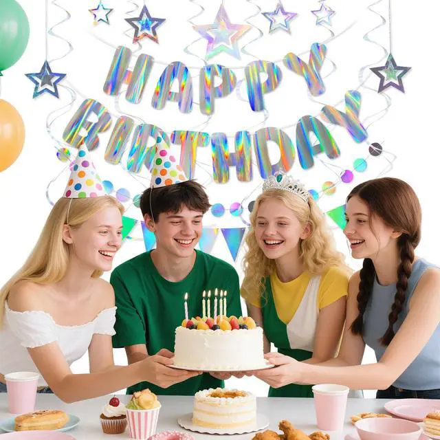 Alt view image 7 of 7 - Iridescent Birthday Decorations with Pre-Strung Happy Birthday Banner | Holographic Cute Party Decor Set with Streamers, Flags & Garland for Kids, Girls, Boys, Women, Men Birthday Celebrations