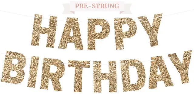 Main image of Pre-Strung Happy Birthday Banner - Gold Glitter Birthday Party Banner | No DIY - Pre-Strung on 8 ft Strands - Gold Glitter Bday Party Decorations & Decor for Men & Women