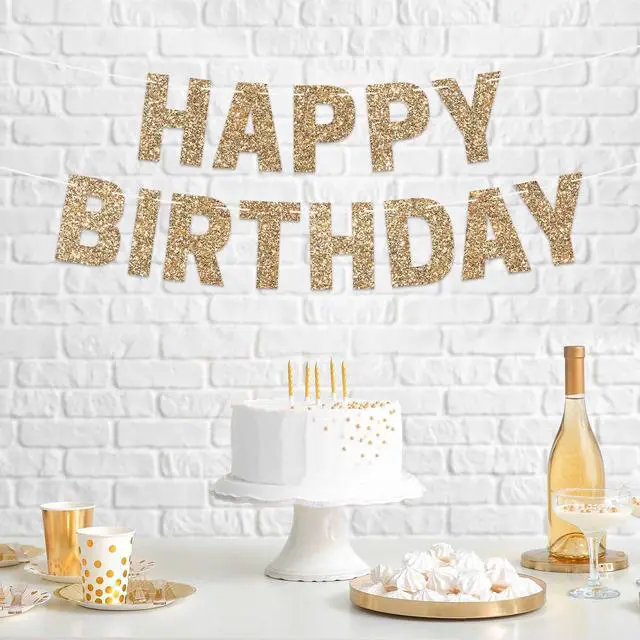 Alt view image 3 of 7 - Pre-Strung Happy Birthday Banner - Gold Glitter Birthday Party Banner | No DIY - Pre-Strung on 8 ft Strands - Gold Glitter Bday Party Decorations & Decor for Men & Women
