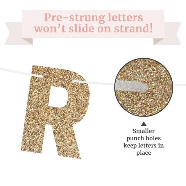 Alt view image 4 of 7 - Pre-Strung Happy Birthday Banner - Gold Glitter Birthday Party Banner | No DIY - Pre-Strung on 8 ft Strands - Gold Glitter Bday Party Decorations & Decor for Men & Women
