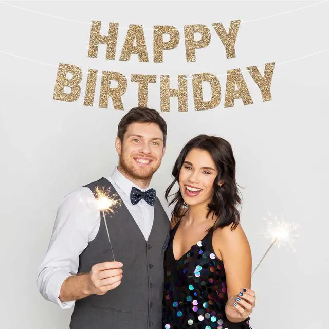 Alt view image 6 of 7 - Pre-Strung Happy Birthday Banner - Gold Glitter Birthday Party Banner | No DIY - Pre-Strung on 8 ft Strands - Gold Glitter Bday Party Decorations & Decor for Men & Women