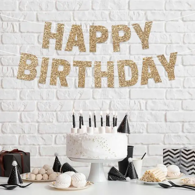 Alt view image 7 of 7 - Pre-Strung Happy Birthday Banner - Gold Glitter Birthday Party Banner | No DIY - Pre-Strung on 8 ft Strands - Gold Glitter Bday Party Decorations & Decor for Men & Women