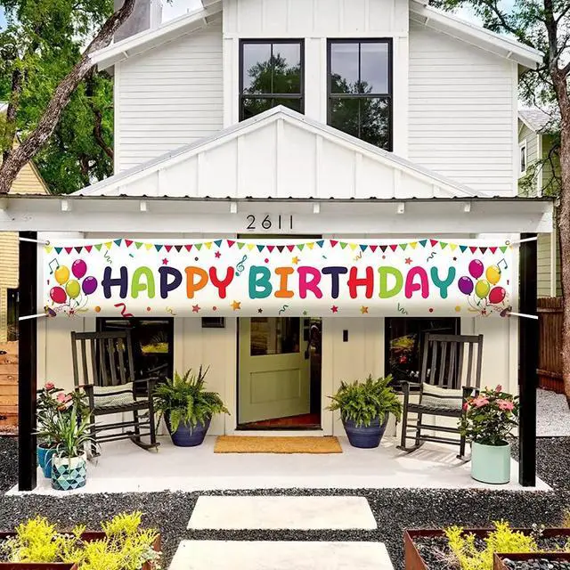Alt view image 2 of 7 - Large Colorful Happy Birthday Yard Banner Sign 118x19.7 inch with Brass Grommets and Hanging Rope Birthday Party Outdoor & Indoor Party Decoration Banner
