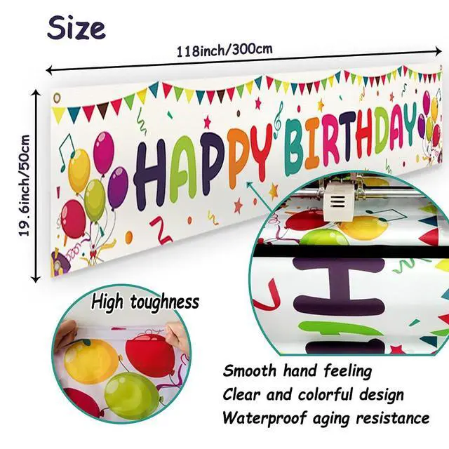 Alt view image 3 of 7 - Large Colorful Happy Birthday Yard Banner Sign 118x19.7 inch with Brass Grommets and Hanging Rope Birthday Party Outdoor & Indoor Party Decoration Banner