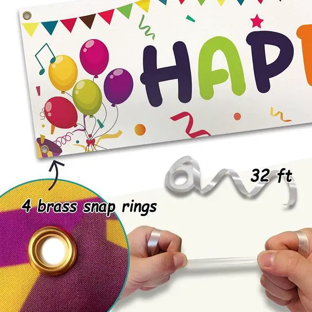 Alt view image 4 of 7 - Large Colorful Happy Birthday Yard Banner Sign 118x19.7 inch with Brass Grommets and Hanging Rope Birthday Party Outdoor & Indoor Party Decoration Banner
