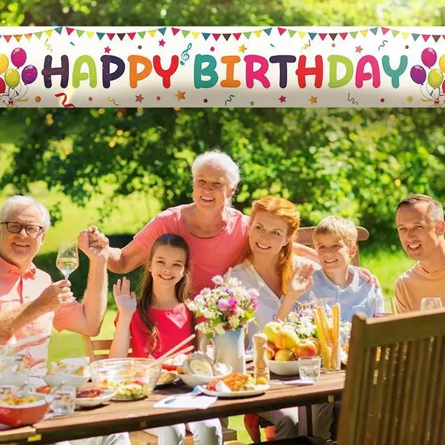 Alt view image 6 of 7 - Large Colorful Happy Birthday Yard Banner Sign 118x19.7 inch with Brass Grommets and Hanging Rope Birthday Party Outdoor & Indoor Party Decoration Banner