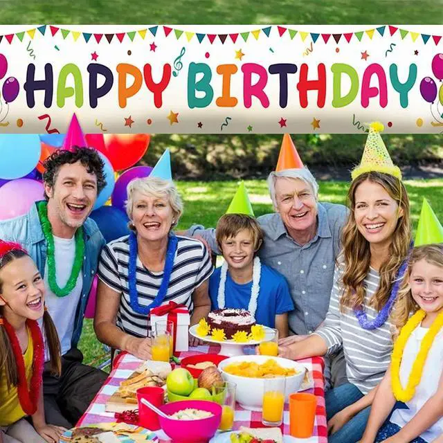 Alt view image 7 of 7 - Large Colorful Happy Birthday Yard Banner Sign 118x19.7 inch with Brass Grommets and Hanging Rope Birthday Party Outdoor & Indoor Party Decoration Banner