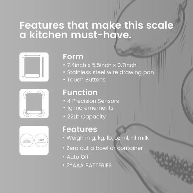 Alt view image 7 of 7 - Food Scale, 22lb Ultra-Thin Digital Kitchen Scale, 1g/0.05oz Accuracy Ideal for Baking, Cooking, and Weight Loss Features 6 Measurement Units and LCD Display,Black,Easy to Clean, Batteries Included