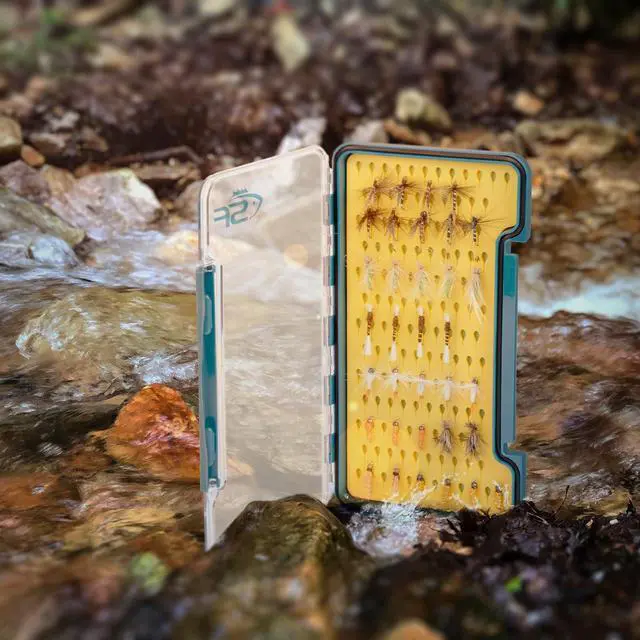 Alt view image 7 of 7 - Slim Fly Fishing Box Thin Trout Flies Storage Box Plastic Clear Lid Yellow Silicone Waterproof Fly Fishing Box Large