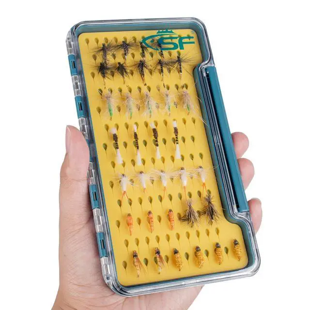 Alt view image 6 of 7 - Slim Fly Fishing Box Thin Trout Flies Storage Box Plastic Clear Lid Yellow Silicone Waterproof Fly Fishing Box Large