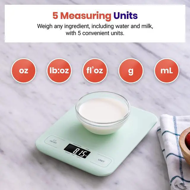Alt view image 3 of 6 - Food Kitchen Scale, Digital Grams and Ounces, Medium | Tare function, ideal for baking, weight loss, keto, meal prep, packages, liquids and jewelry, Green
