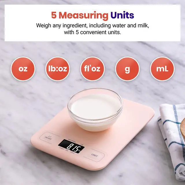 Alt view image 3 of 6 - Food Kitchen Scale, Digital Grams and Ounces, Medium | Tare function, ideal for baking, weight loss, keto, meal prep, packages, liquids and jewelry, Pink
