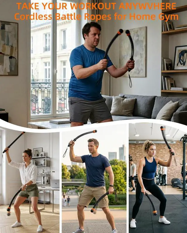 Alt view image 3 of 7 - Ropeless Battle Ropes Portable Cordless Strength Home Gym Black | Workout Exercise Rope for Strength Building, Heavy Duty, HIIT & Low-Impact Aerobic Training for Men & Women
