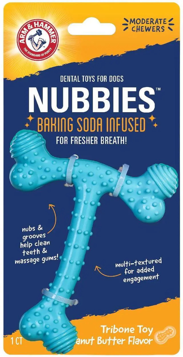 Main image of Nubbies T-Bone Dental Dog Chew Toy, Peanut Butter Flavor | Durable nylon and TPR nubs clean teeth and gums; built for aggressive chewers
