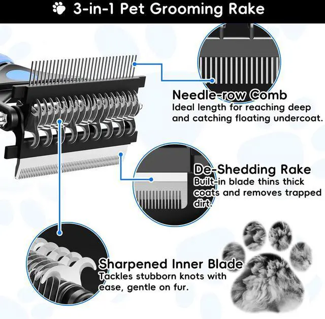 Alt view image 2 of 7 - 3-in-1 Professional Pet Grooming Brush for Dogs & Cats Dematting Comb, Undercoat Rake & Deshedding Tool for Long & Short Hair, Heavy Shedding & Matted Fur (Blue)