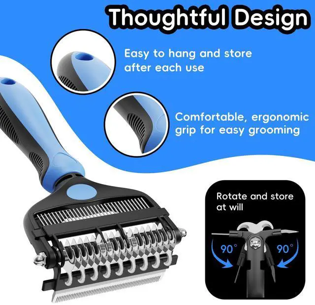 Alt view image 3 of 7 - 3-in-1 Professional Pet Grooming Brush for Dogs & Cats Dematting Comb, Undercoat Rake & Deshedding Tool for Long & Short Hair, Heavy Shedding & Matted Fur (Blue)