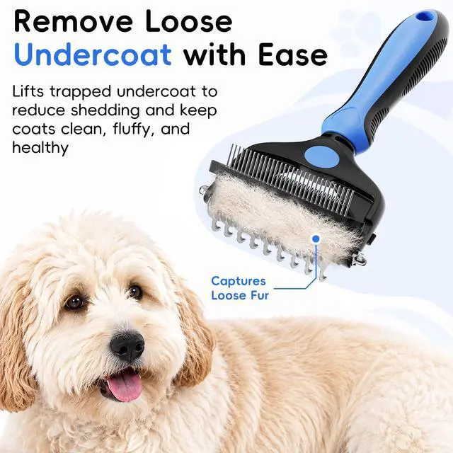 Alt view image 4 of 7 - 3-in-1 Professional Pet Grooming Brush for Dogs & Cats Dematting Comb, Undercoat Rake & Deshedding Tool for Long & Short Hair, Heavy Shedding & Matted Fur (Blue)