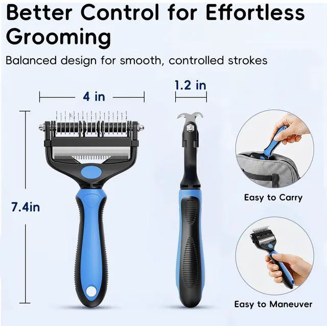 Alt view image 7 of 7 - 3-in-1 Professional Pet Grooming Brush for Dogs & Cats Dematting Comb, Undercoat Rake & Deshedding Tool for Long & Short Hair, Heavy Shedding & Matted Fur (Blue)
