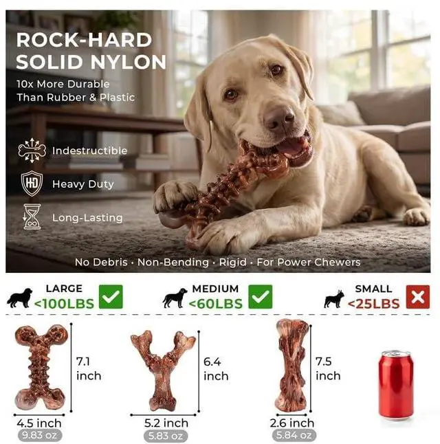 Alt view image 2 of 7 - 3-Pack Indestructible Dog Chew Toys for Aggressive Chewers,25-100lbs | Bacon Flavored Rock-Hard Solid Nylon Dog Bones for Medium & Large Breeds, Keeps Them Busy, Dental Textured, Long Lasting - XL