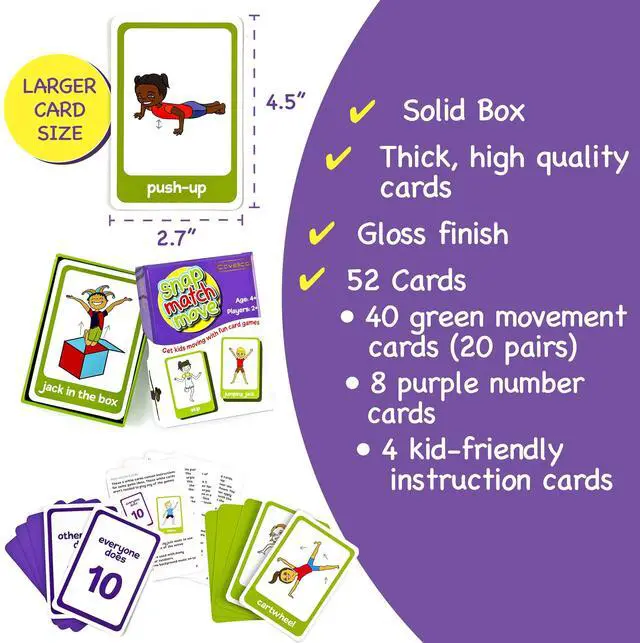 Alt view image 6 of 7 - Exercise Cards for Kids, Play PE Games with 20 Exercises, 52 Cards | PE Teacher Must Haves, Solo or Group Play, Indoor Classroom Recess Games, Home School Therapy, Snap Memory Go Fish, Ages 4+