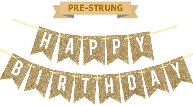 Main image of Pre-Strung Gold Glitter Happy Birthday Banner Decorations | 12 ft No DIY Gold Glitter Happy Birthday Banner Sign Bday Decor for Women Men Girl Boy Party Supplies,Reusable