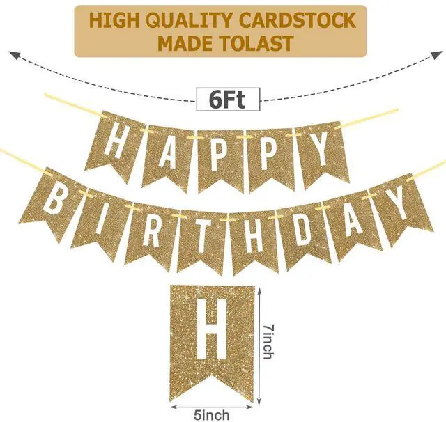 Alt view image 2 of 7 - Pre-Strung Gold Glitter Happy Birthday Banner Decorations | 12 ft No DIY Gold Glitter Happy Birthday Banner Sign Bday Decor for Women Men Girl Boy Party Supplies,Reusable