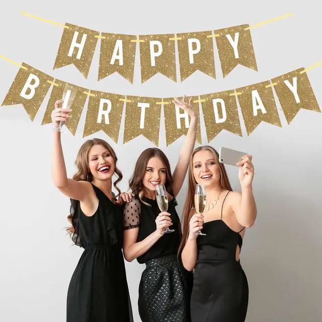 Alt view image 4 of 7 - Pre-Strung Gold Glitter Happy Birthday Banner Decorations | 12 ft No DIY Gold Glitter Happy Birthday Banner Sign Bday Decor for Women Men Girl Boy Party Supplies,Reusable