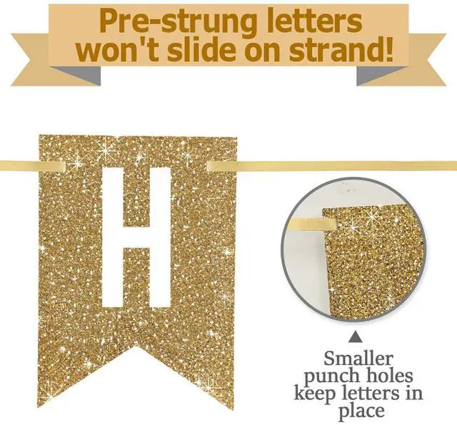 Alt view image 3 of 7 - Pre-Strung Gold Glitter Happy Birthday Banner Decorations | 12 ft No DIY Gold Glitter Happy Birthday Banner Sign Bday Decor for Women Men Girl Boy Party Supplies,Reusable
