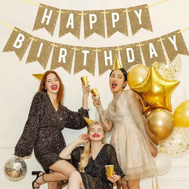 Alt view image 6 of 7 - Pre-Strung Gold Glitter Happy Birthday Banner Decorations | 12 ft No DIY Gold Glitter Happy Birthday Banner Sign Bday Decor for Women Men Girl Boy Party Supplies,Reusable