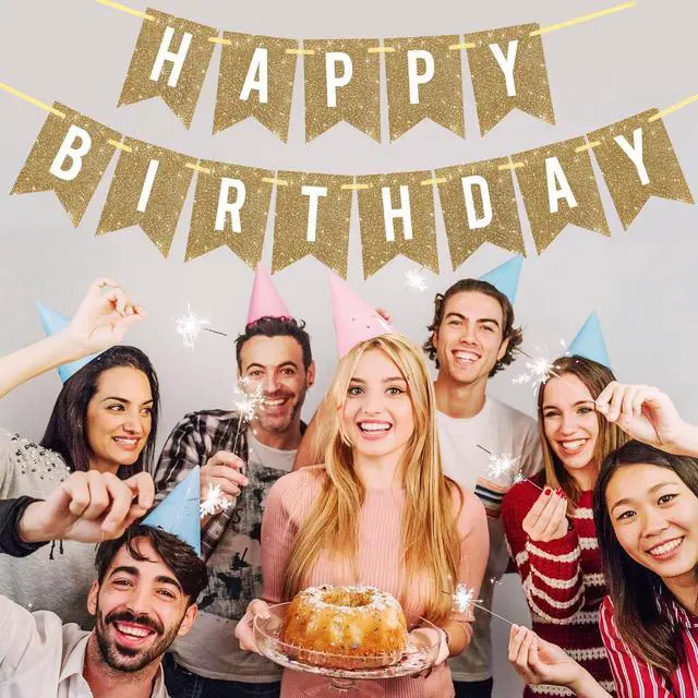 Alt view image 7 of 7 - Pre-Strung Gold Glitter Happy Birthday Banner Decorations | 12 ft No DIY Gold Glitter Happy Birthday Banner Sign Bday Decor for Women Men Girl Boy Party Supplies,Reusable